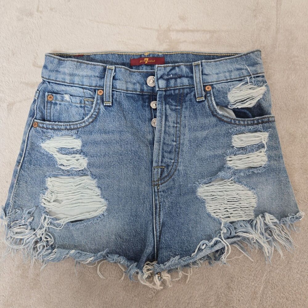 7 For All Mankind Monroe Cutoff Shorts High Waisted Distressed Button Fly